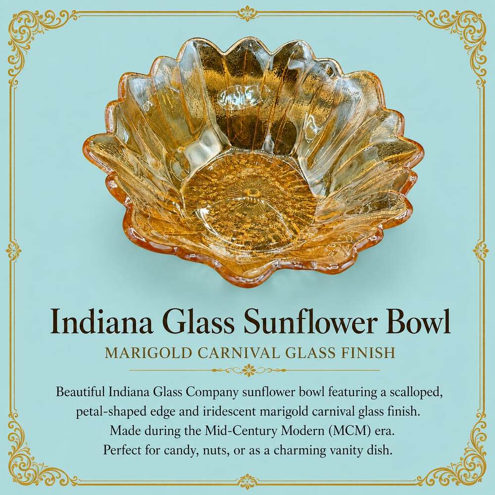 Vintage Indiana Glass Company Lily Pons Sunflower Bowl in Marigold Carnival Glas